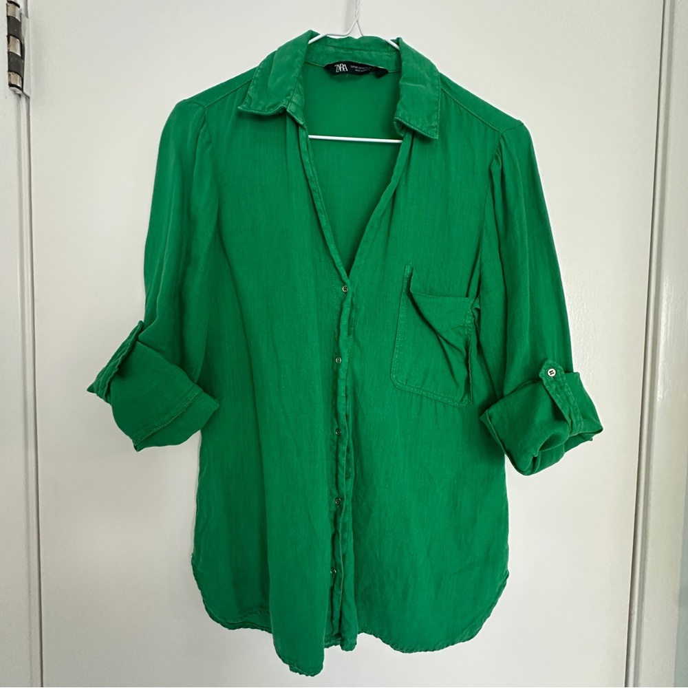 Zara Sz S 100% Linen Adjustable Sleeve Button Up Shirt Kelly Green Oversized